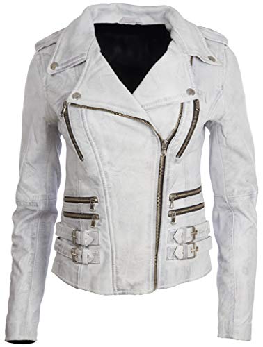 Aviatrix Chaqueta Biker De Cuero Autentica para Mujer con Multiples Cremalleras (AGSM)