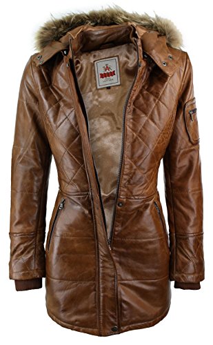 Aviatrix Chaqueta Parka de Cuero Real Ideal para Invierno con Capucha de Piel Real en Color marrón para Mujer