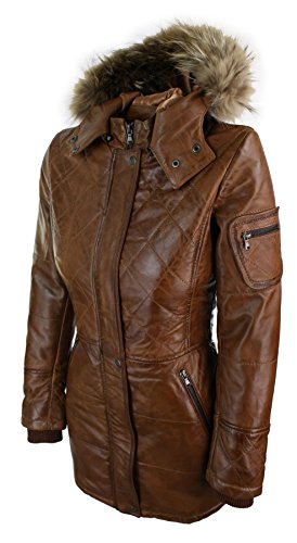 Aviatrix Chaqueta Parka de Cuero Real Ideal para Invierno con Capucha de Piel Real en Color marrón para Mujer
