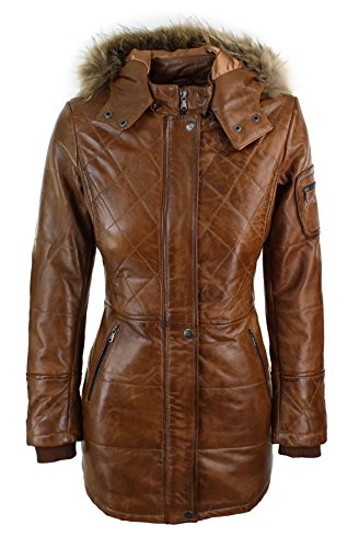Aviatrix Chaqueta Parka de Cuero Real Ideal para Invierno con Capucha de Piel Real en Color marrón para Mujer