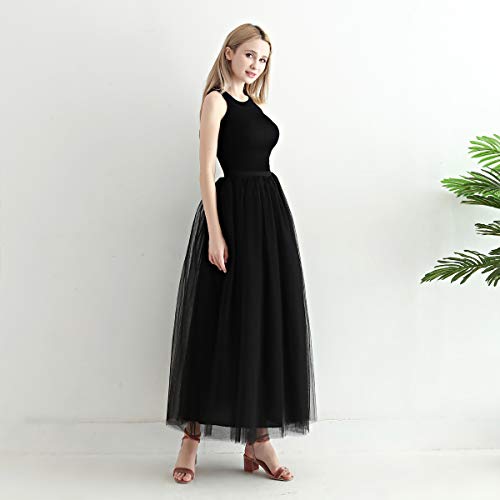 Aysimple Mujer Falda de Tul Larga de Tul Plisada Tutu Malla de Noche Fiesta Cintura Alta Negro