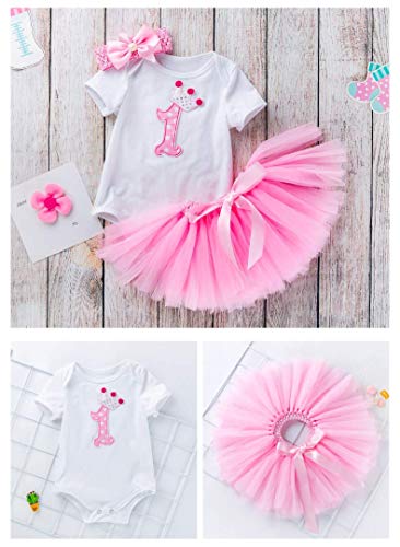 Baby Girl First Birthday - Falda con Cuerpo de Tul - tutú - Banda para el Pelo con Lazo - Traje - Bailarina - niña - bebé - Rosa - 3 Meses - Talla s