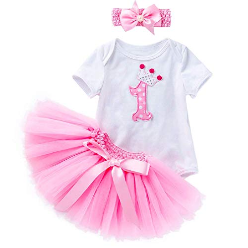 Baby Girl First Birthday - Falda con Cuerpo de Tul - tutú - Banda para el Pelo con Lazo - Traje - Bailarina - niña - bebé - Rosa - 3 Meses - Talla s