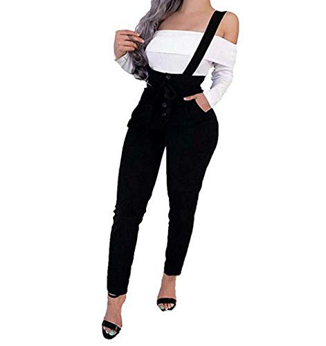 Balaflyie Pantalones de tirantes de cintura alta con botones en la parte delantera y pierna recta para mujer con cinturón