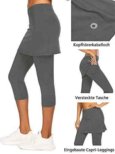 Balancora Falda de deporte para mujer, falda de tenis, hockey, ajustada, 3/4, pantalones de yoga con bolsillos y conexión para auriculares gris XXL