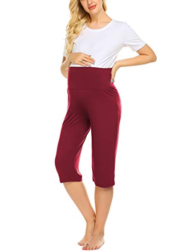 Balancora Pantalón pirata de mujer para el embarazo, pantalones resistentes para el embarazo, longitud 3/4, ideal para verano y yoga, con abdomen extra borgoña S