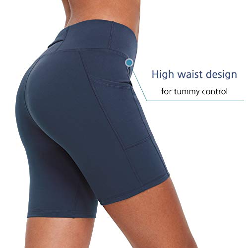 BALEAF EVO - Pantalones cortos de compresión para mujer de 18 cm de cintura alta con bolsillos para hacer deporte y salir a correr, para yoga y voleibol. - Azul - XL