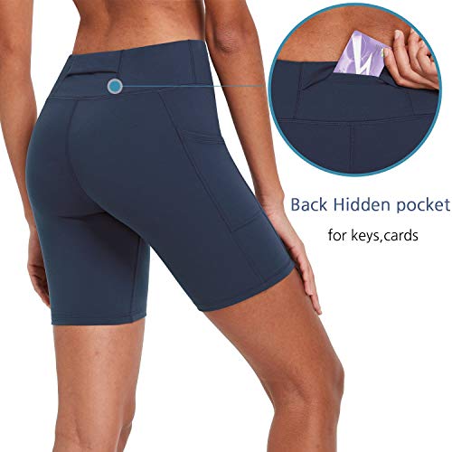 BALEAF EVO - Pantalones cortos de compresión para mujer de 18 cm de cintura alta con bolsillos para hacer deporte y salir a correr, para yoga y voleibol. - Azul - XL