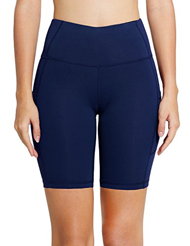 BALEAF - Malla compresiva corta con cintura alta y bolsillos laterales para mujer; para practicar yoga, ciclismo, running. Tallas normales y grandes - Azul - M