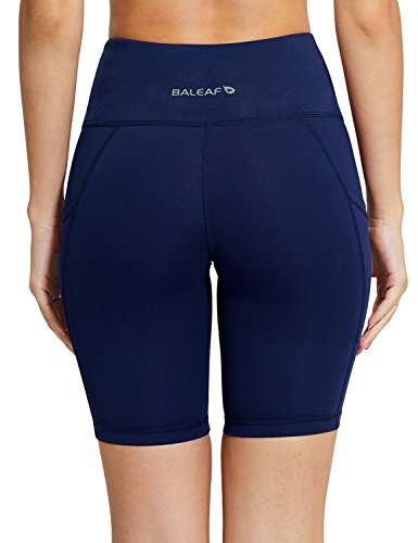 BALEAF - Malla compresiva corta con cintura alta y bolsillos laterales para mujer; para practicar yoga, ciclismo, running. Tallas normales y grandes - Azul - M