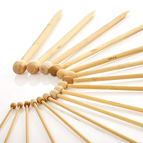 bambuswald© Agujas de tricotar 100% bambú - Agujas de Tejer: 25 cm de Largo | Juego de 36 pcs (18 tamaños - 2.0 a 10.0 mm) | Agujas para Principiantes y Profesionales - Accesorios de DIY