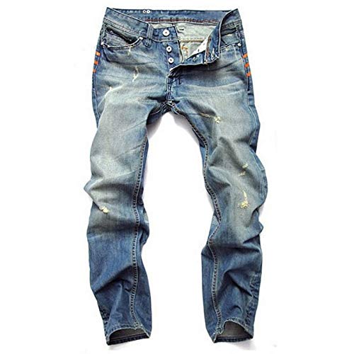 Beastle Jeans para Hombres Personalidad Retro Pantalones Vaqueros Casuales Rasgados Moda Botón Delgado Recto Jeans Europeos y Americanos 35