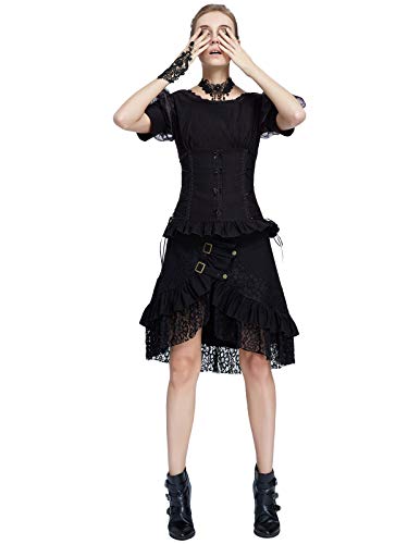 Belle Poque Mujer Falda Asimétrica de Fiesta Combinado Encaje con Botones Ajustables para Cñoctel L Negro