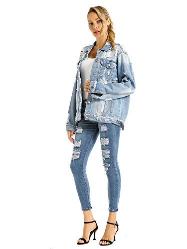 BEUHOME Chaqueta Vaquera para Mujer Casual Slim Fit Cazadora De Denim Abrigos De Gran Tamaño Flojo Agujero Vaquero Arriba Sweatshirt Agujero