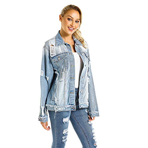 BEUHOME Chaqueta Vaquera para Mujer Casual Slim Fit Cazadora De Denim Abrigos De Gran Tamaño Flojo Agujero Vaquero Arriba Sweatshirt Agujero