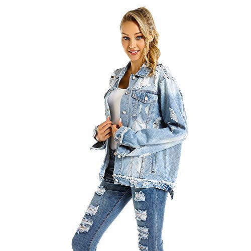 BEUHOME Chaqueta Vaquera para Mujer Casual Slim Fit Cazadora De Denim Abrigos De Gran Tamaño Flojo Agujero Vaquero Arriba Sweatshirt Agujero