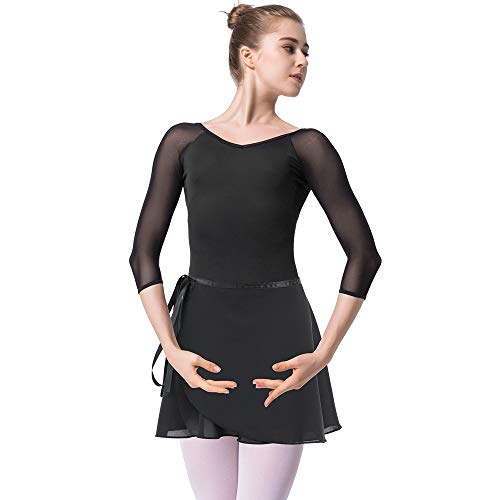 Bezioner Maillot de Danza Gimnasia Leotardo Clásico Ballet Vestido para Niñas Mujer Negro con Falda,L=155-160 cm