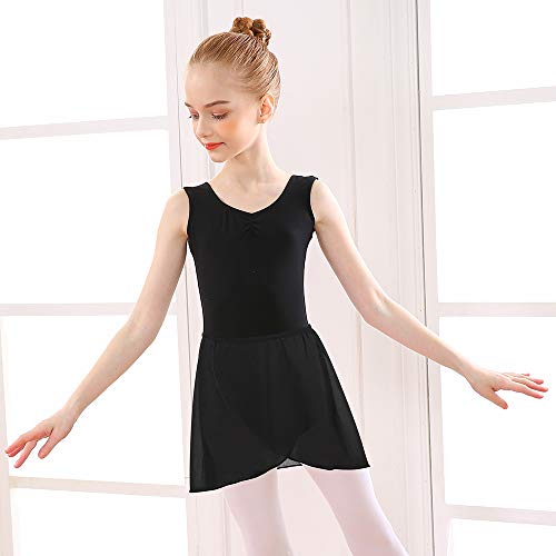 Bezioner Maillot de Danza Gimnasia Leotardos de Ballet de Algodón sin Mangas para Niñas y Mujer (160 (150-160cm,14-15 años), Negro con Falda)