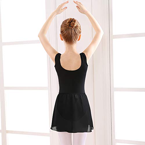 Bezioner Maillot de Danza Gimnasia Leotardos de Ballet de Algodón sin Mangas para Niñas y Mujer (160 (150-160cm,14-15 años), Negro con Falda)