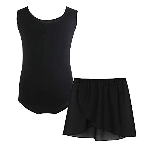 Bezioner Maillot de Danza Gimnasia Leotardos de Ballet de Algodón sin Mangas para Niñas y Mujer (160 (150-160cm,14-15 años), Negro con Falda)