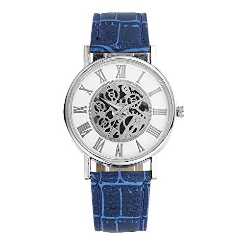 B/H Minimalista Casual Reloj de Pulsera Pequeño,Reloj de Hombre con cinturón Hueco-Plata + Azul,Cuarzo Resistente al Agua Minimalista Relojes
