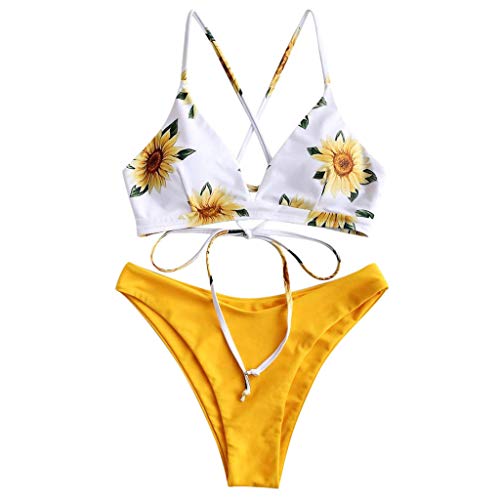 Bikini Mujer Push Up Traje de baño Fresco con Estampado de Girasol Mujeres Conjunto Push up Bikini Playa Beachwear con Relleno Tops y Braguitas Mujer 2019 brasileños vikinis riou