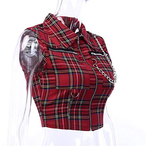 Black Sugar - Chaleco para mujer o niña, cadena de metal rojo escocés a cuadros rojos, negros y plisados con cremallera y correas de cuero, cintas de tirantes gótico Gilet Rouge L