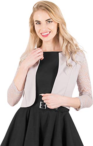 BlackButterfly 3/4 Manga de Encaje Abrir Bolero Noche Chaqueta Blusa (Plata, ES 36 - XS)