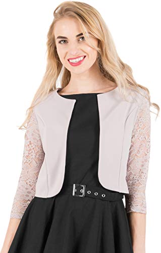BlackButterfly 3/4 Manga de Encaje Abrir Bolero Noche Chaqueta Blusa (Plata, ES 36 - XS)