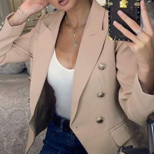 Blazer para Mujer Elegante Mangas Largas Chaqueta de Traje con Botones Dorados Corte Slim de Negocio Oficina Color Sólido (Beige, S)