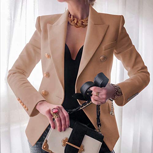 Blazer para Mujer Elegante Mangas Largas Chaqueta de Traje con Botones Dorados Corte Slim de Negocio Oficina Color Sólido (Beige, S)