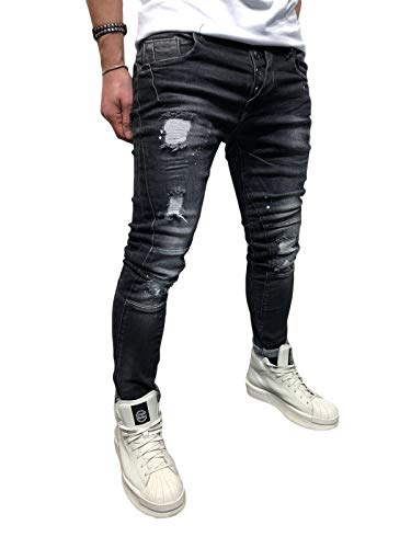 BMEIG Jeans Ajustados Hombre Rotos Pantalones de Mezclilla Elásticos Slim Fit Ripped Desgastados con Bolsillo Trabajo Hiphop Pantalones de Chándal Cargo Invierno Negro S-4XL