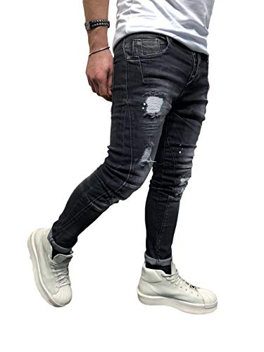 BMEIG Jeans Ajustados Hombre Rotos Pantalones de Mezclilla Elásticos Slim Fit Ripped Desgastados con Bolsillo Trabajo Hiphop Pantalones de Chándal Cargo Invierno Negro S-4XL