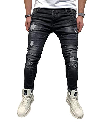 BMEIG Jeans Ajustados Hombre Rotos Pantalones de Mezclilla Elásticos Slim Fit Ripped Desgastados con Bolsillo Trabajo Hiphop Pantalones de Chándal Cargo Invierno Negro S-4XL