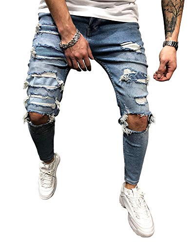 BMEIG Jeans Rasgados Hombres Vaqueros Denim Skinny Moda Pantalones Slim Fit Jeans Rotos Ripped Flaco Biker Jeans Diseñador Clásico Pantalones S-2XL Azul