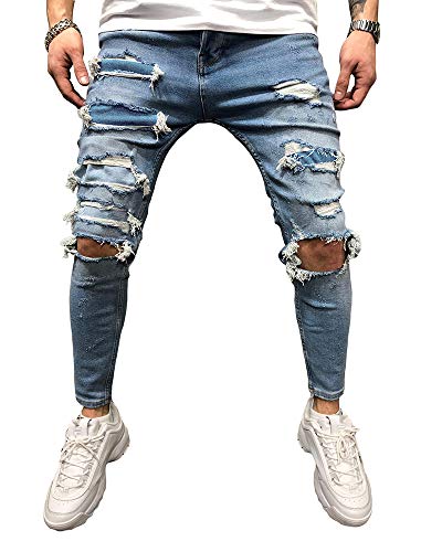 BMEIG Jeans Rasgados Hombres Vaqueros Denim Skinny Moda Pantalones Slim Fit Jeans Rotos Ripped Flaco Biker Jeans Diseñador Clásico Pantalones S-2XL Azul