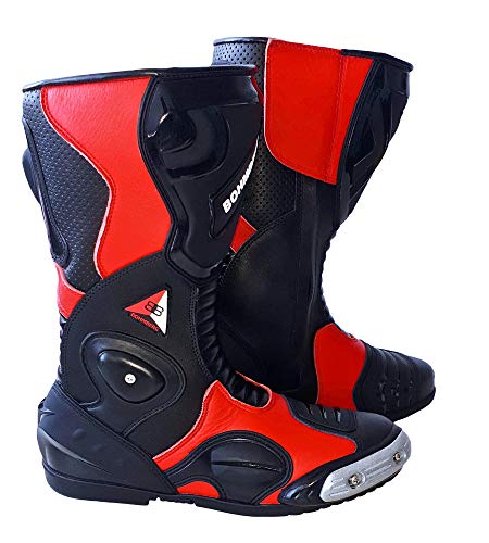 Bohmberg - Botas de moto, botas de piel deportivas, impermeables, de cuero estable protectores rígidos integrados (Rojo, 44)