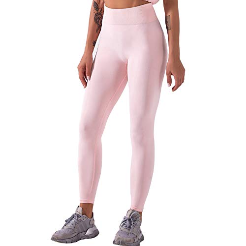 BOIYI Mallas de Deporte de Mujer, Color Sólido Leggins Pantalones Deporte Yoga, Leggings Mujer Fitness Suaves Elásticos Cintura Alta para Reducir Vientre(Rosado,S)