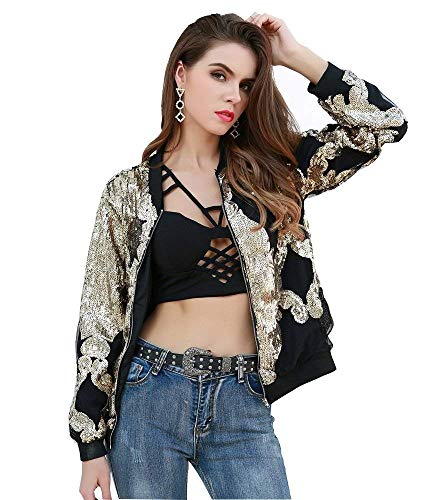 BOLAWOO Mujer Chaquetas Bomber Primavera Otoño Vintage Moda Joven Biker Jacket Mode De Marca Cremallera College Abrigos Floreadas Outdoor Outwear Chaqueta (Color : Oro, Size : L)