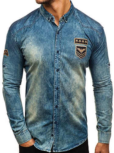 BOLF Hombre Camisa Vaquera de Manga Larga Denim Slim Fit Madmext 0992 Azul Oscuro-Gris M [2B2]