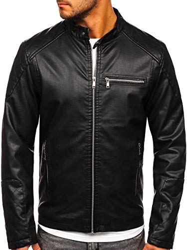 BOLF Hombre Chaqueta De Cuero Ecológico Cierre De Cremallera Chaqueta de Piel Cazadora Estilo Casual J.Boyz 1151 Negro L [4D4]