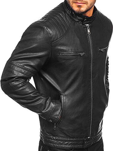 BOLF Hombre Chaqueta De Cuero Ecológico Cierre De Cremallera Cuello Elevado Estilo Casual ALNWICK 92530 Negro 3XL [4D4]
