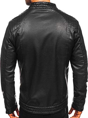 BOLF Hombre Chaqueta De Cuero Ecológico Cierre De Cremallera Cuello Elevado Estilo Casual ALNWICK 92530 Negro 3XL [4D4]