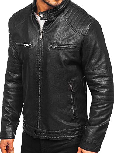 BOLF Hombre Chaqueta De Cuero Ecológico Cierre De Cremallera Cuello Elevado Estilo Casual ALNWICK 92530 Negro 3XL [4D4]