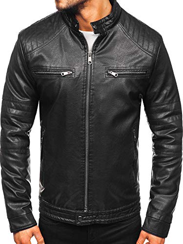 BOLF Hombre Chaqueta De Cuero Ecológico Cierre De Cremallera Cuello Elevado Estilo Casual ALNWICK 92530 Negro 3XL [4D4]