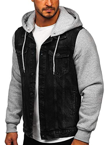 BOLF Hombre Chaqueta Vaquera Denim Chaqueta De Entretiempo con Capucha Cierre De Botones Estilo Diario RWX 211902 Negro M [4D4]