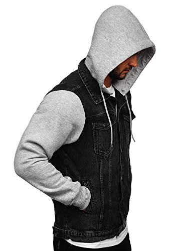 BOLF Hombre Chaqueta Vaquera Denim Chaqueta De Entretiempo con Capucha Cierre De Botones Estilo Diario RWX 211902 Negro M [4D4]