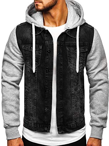 BOLF Hombre Chaqueta Vaquera Denim Chaqueta De Entretiempo con Capucha Cierre De Botones Estilo Diario RWX 211902 Negro M [4D4]
