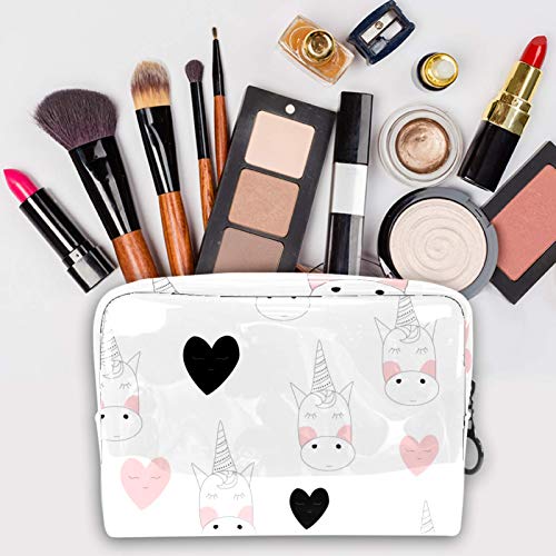 Bolsa de maquillaje portátil con cremallera, bolsa de aseo de viaje para mujer, práctica bolsa de almacenamiento cosmético, diseño de unicornio blanco