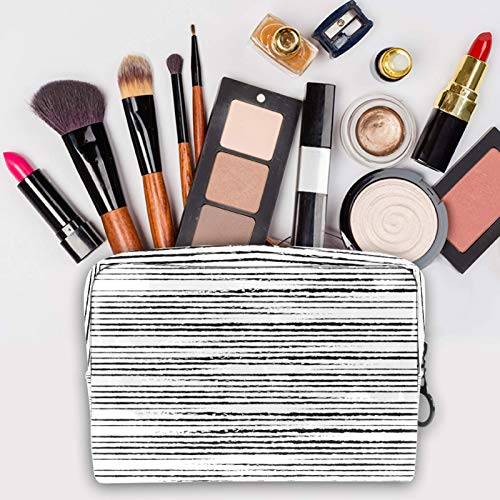 Bolsa de maquillaje portátil con cremallera, bolsa de aseo de viaje para mujeres, práctica bolsa de almacenamiento cosmético, a rayas, color negro y blanco
